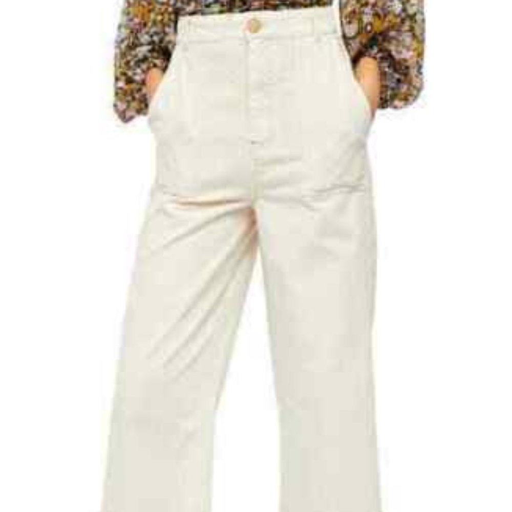 Free People Women's Ivory Sunday Skies Cotton Straight Leg Cropped Pants Size 8